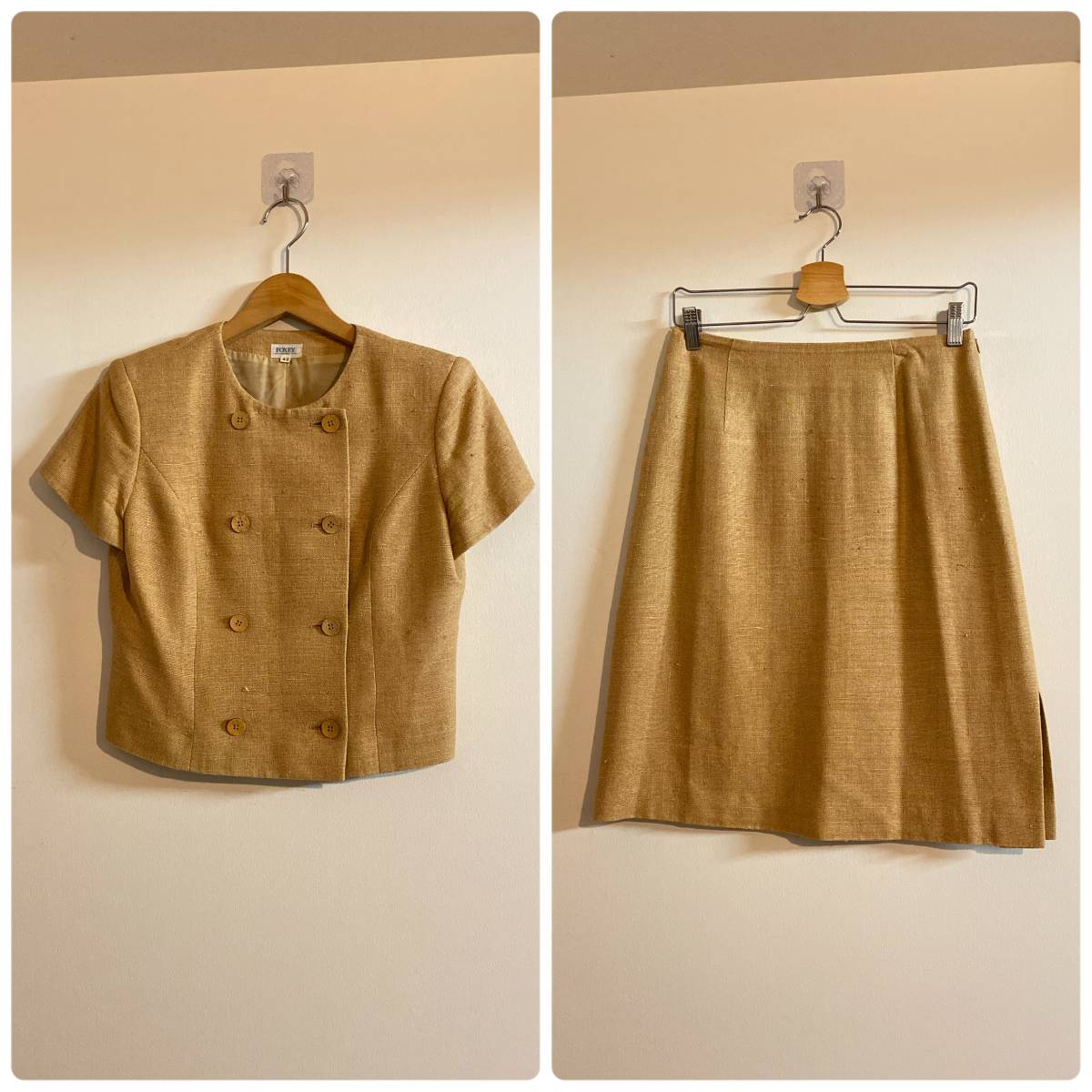 フォクシー 絹素材ノーカラーダブルブレストジャケットセットアップ/スカート