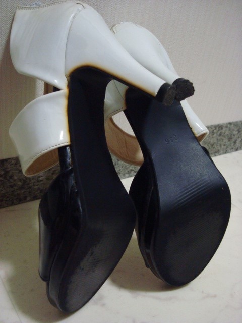 * Le;cielbai цвет эмаль винил pa палатка ботиночки открытый палец на ноге туфли-лодочки каблук сандалии черный белый чёрный белый 36.5 23.5cm