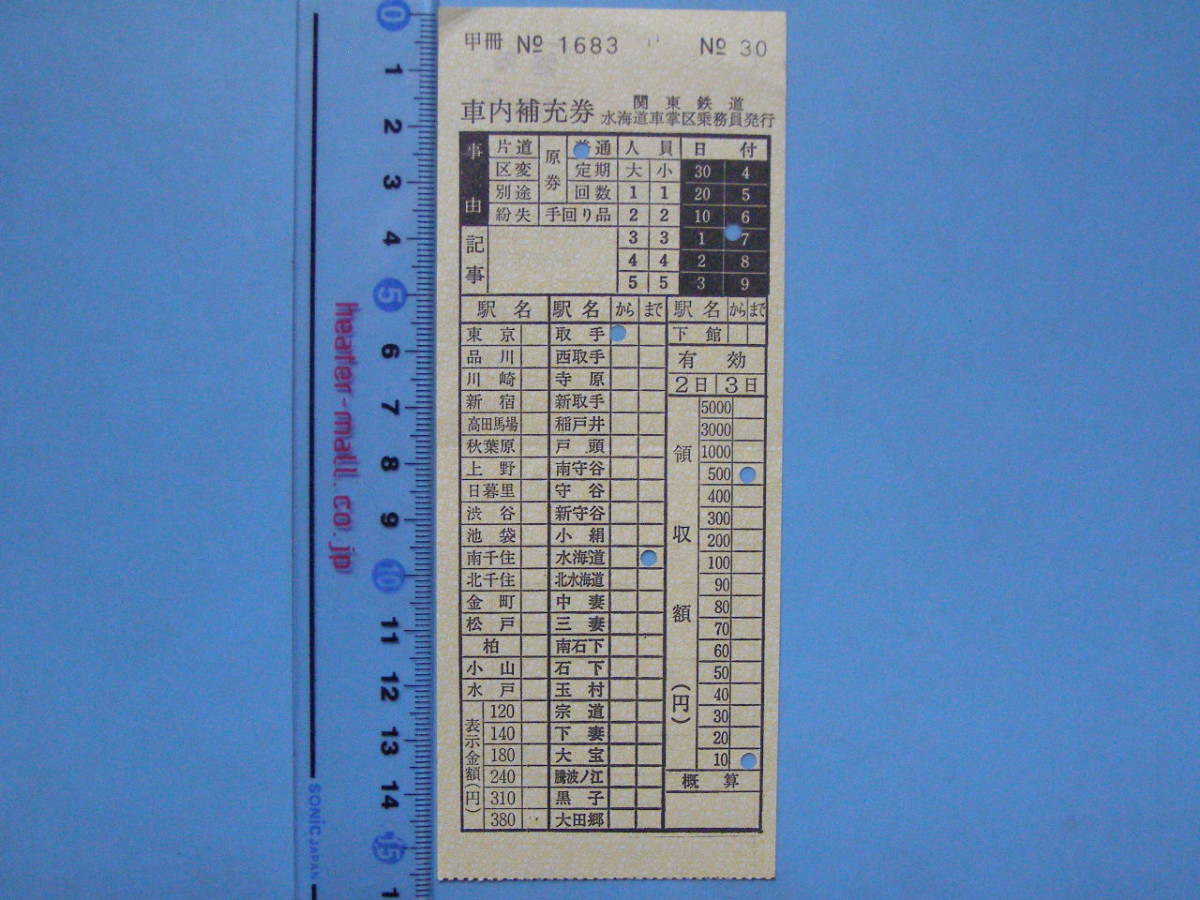 切符 鉄道切符 軟券 乗車券 関東鉄道 車内補充券 表示金額 380円 水街道車掌区乗務員発行 車内乗車券 (A30)_画像1