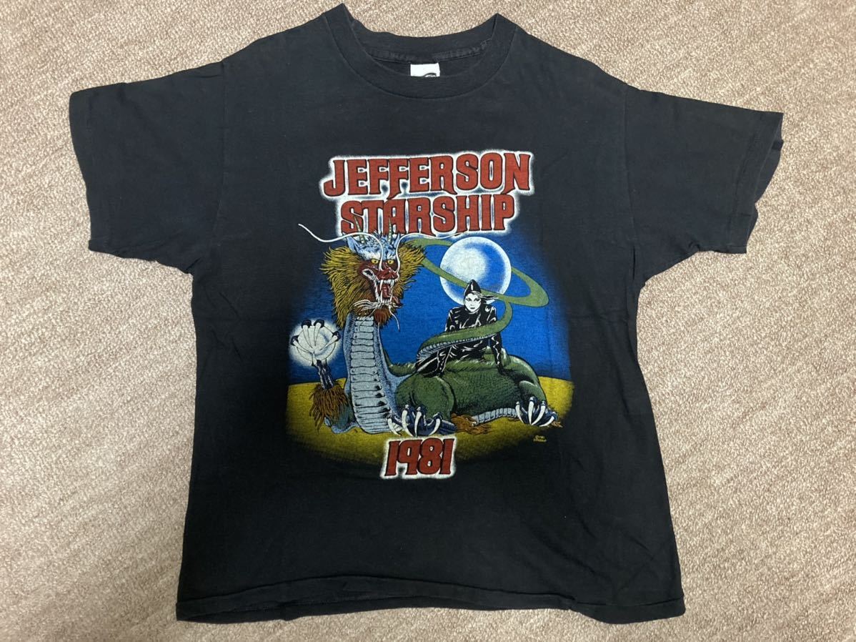 ジェファーソンスターシップ 激レアデザイン両面プリントユーズドTシャツ スポーツウェア社製100％コットンねじれボディ Lサイズ表記 US製