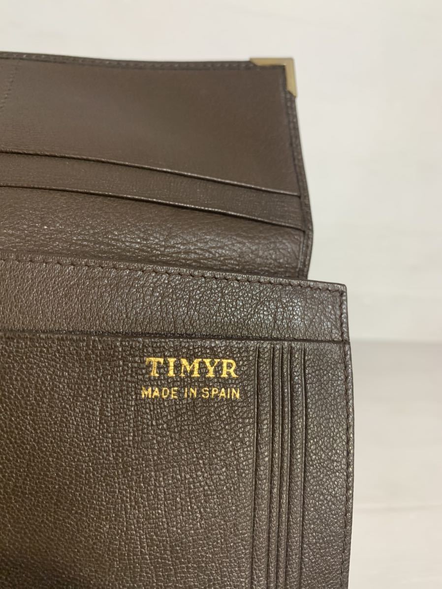 TIMYR ティメール　スペイン製　高級　本革レザー　5本ライン　格子？クロス柄　二つ折り　長財布　ウォレット　茶×金　ダークブラウン_画像10