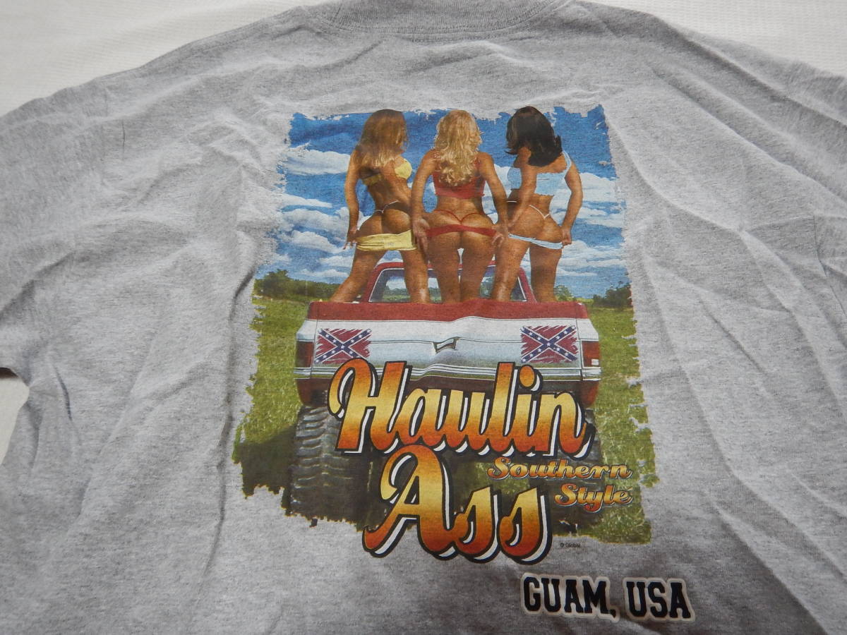 即決 グアムGUAMのお土産 Tシャツ Mサイズ グレー アメ車4WDハイリフトピックアップ ビッグフット 金髪美人ヒップ 未使用