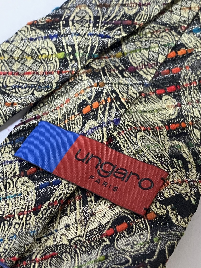 ★国産品 ungaro PARIS カラーネップラインモール シルク ネクタイ アクリル混 ペイズリー バティック柄 ブラックベース _画像6