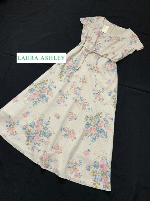 Aucru Com Laura Ashley ローラアシュレイ タグ付き 麻混 花柄ワンピース9号 Aucru Com Laura Ashley ローラアシュレイ タグ付き 麻混 花柄ワンピース9号