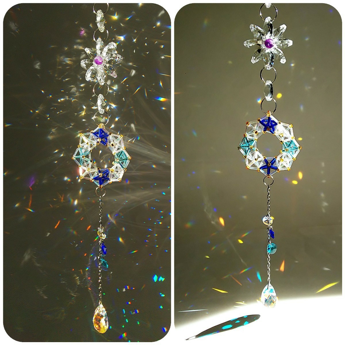 紫陽花色ヒンメリ&スワロフスキーのサンキャッチャー 年末年始セール 開運 風水 スワロフスキー 天然石 ヒンメリ 月と太陽 クリスタルサンキャチャー モビール