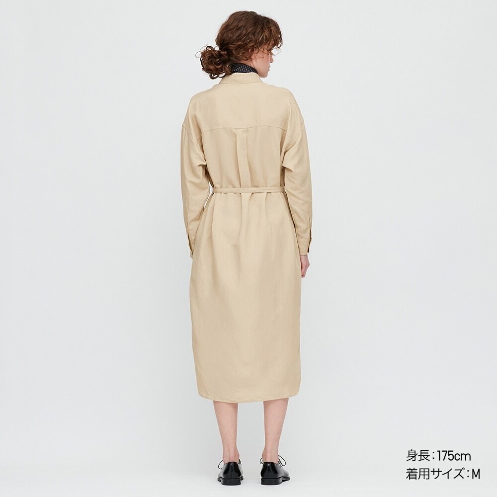 新品　ユニクロ　リネンブレンドシャツワンピース（長袖）　ベージュ　M