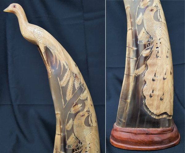 ☆ 値下げ交渉あり ☆ 骨董 アンティーク 鳥 彫刻 『 水牛 角 孔雀