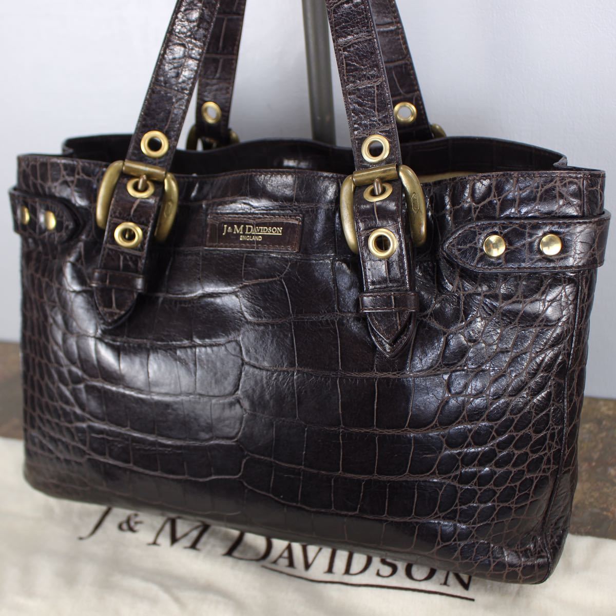 J&M DAVIDSON CROCODILE EMBOSSED LEATHER HAND BAG MADE IN ENGLAND