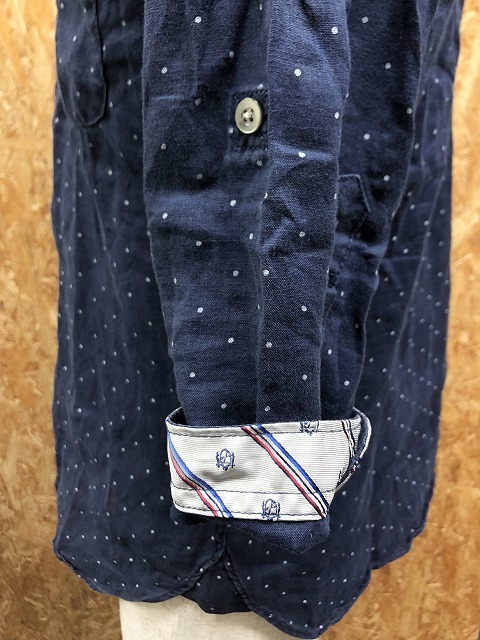 THE SHOP TK MIXPICE The * shop tea ke- Miku spice M men's shirt dot pattern 7 minute sleeve collar . cuffs . stripe pattern lining flax 100% navy blue × white 