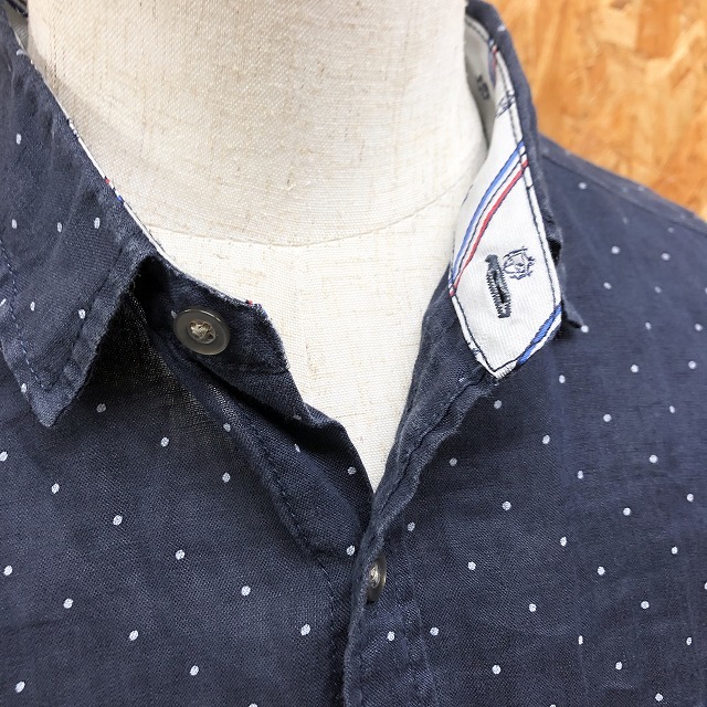 THE SHOP TK MIXPICE The * shop tea ke- Miku spice M men's shirt dot pattern 7 minute sleeve collar . cuffs . stripe pattern lining flax 100% navy blue × white 