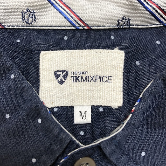 THE SHOP TK MIXPICE The * shop tea ke- Miku spice M men's shirt dot pattern 7 minute sleeve collar . cuffs . stripe pattern lining flax 100% navy blue × white 