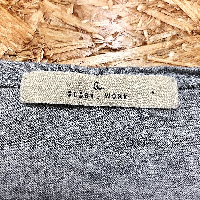 GLOBAL WORK グローバルワーク L メンズ Tシャツ ペイント風ボーダーラウンドネック 半袖 カットソー 綿100% 杢グレー×ネイビー×レッド_画像5
