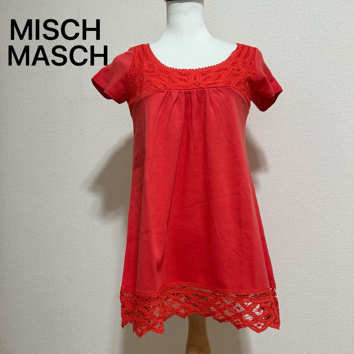 新品 タグ付き 未使用品 MISCH MASCH ミッシュマッシュ トップス カットソー 半袖 レース チュニック レッド 赤 38サイズ Mサイズ_画像1