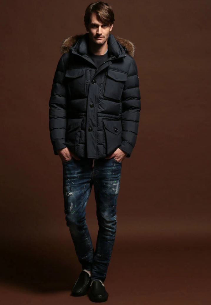 31万3500円 モンクレール ファー付 ナイロン ダウン コート ダークネイビー MONCLER 国内正規品 #A3_画像2