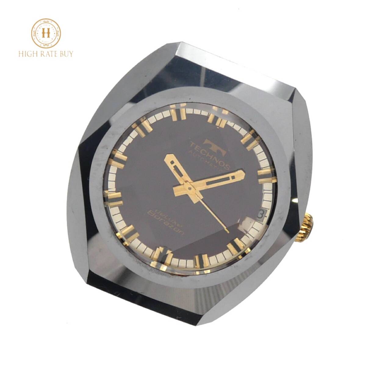 1円スタート 稼動品 TECHNOS テクノス Deluxe Borazon デラックスボラゾン デイト 自動巻き カットガラス シルバー パープル文字盤 メンズ_画像1