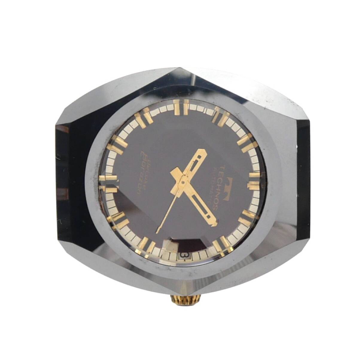 1円スタート 稼動品 TECHNOS テクノス Deluxe Borazon デラックスボラゾン デイト 自動巻き カットガラス シルバー パープル文字盤 メンズ_画像2