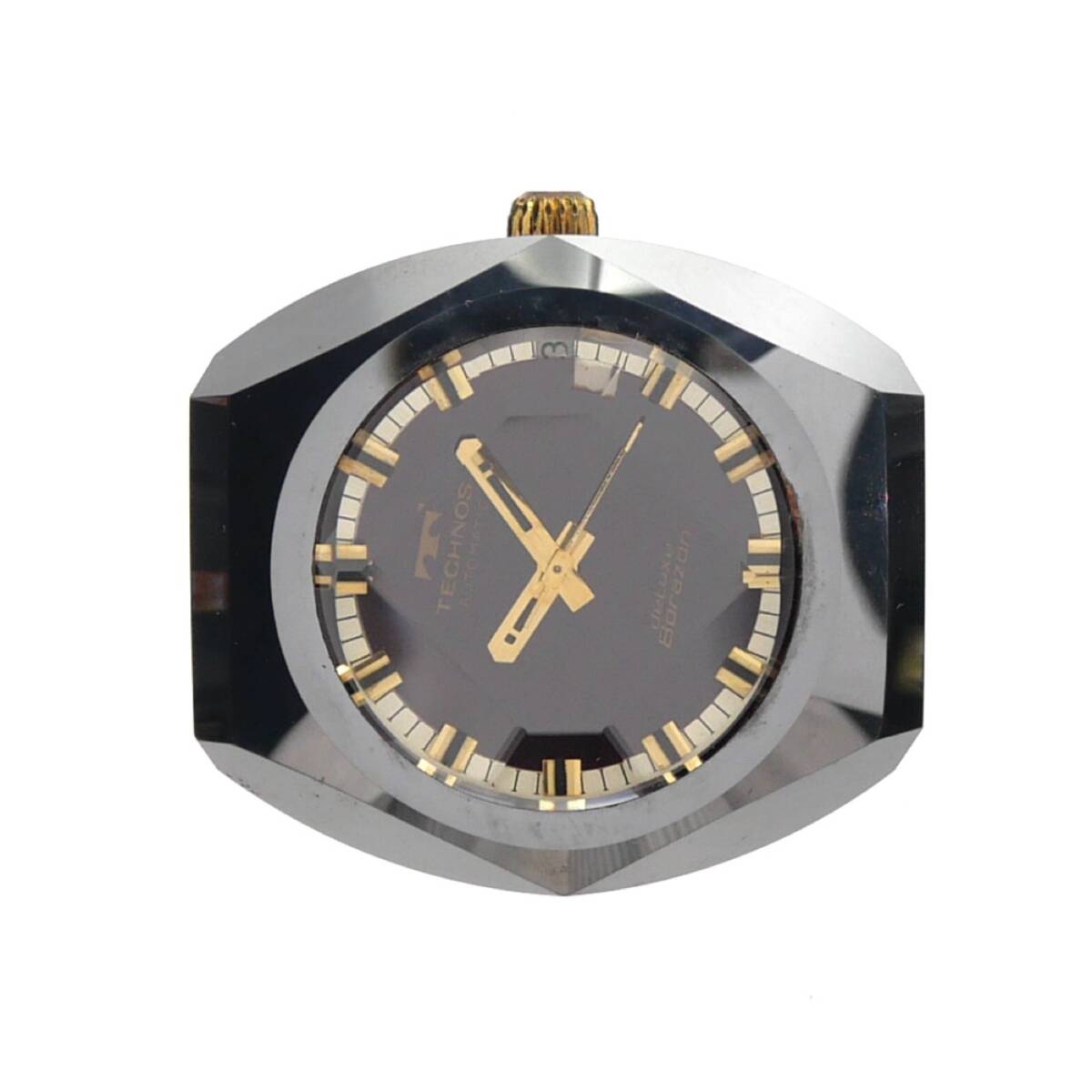 1円スタート 稼動品 TECHNOS テクノス Deluxe Borazon デラックスボラゾン デイト 自動巻き カットガラス シルバー パープル文字盤 メンズ_画像3