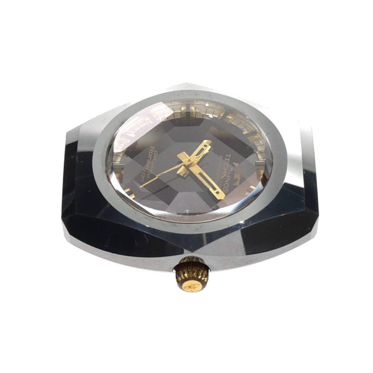 1円スタート 稼動品 TECHNOS テクノス Deluxe Borazon デラックスボラゾン デイト 自動巻き カットガラス シルバー パープル文字盤 メンズ_画像4