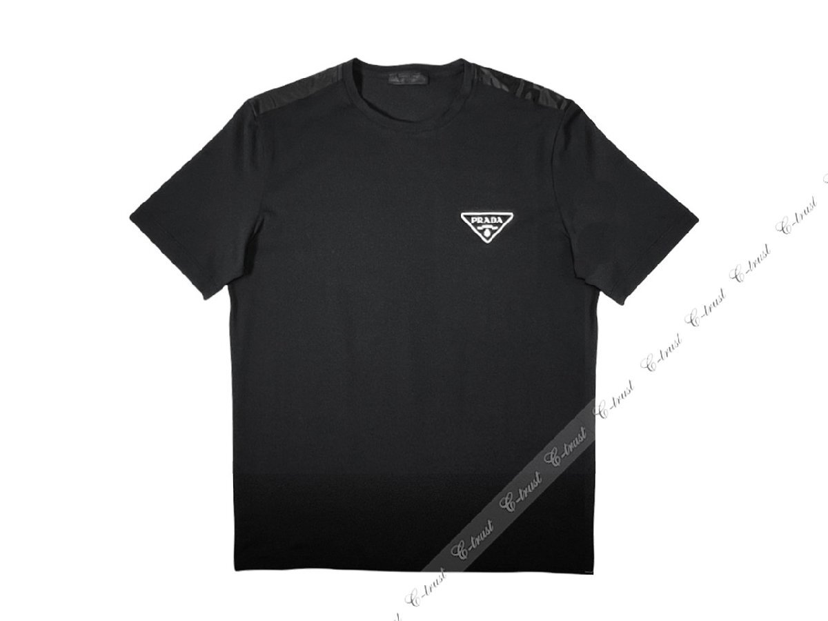 L713-M.. PRADA プラダ Tシャツ トライアングル クルーネック 半袖 コットン ロゴ ★ F0002 ブラック_画像2