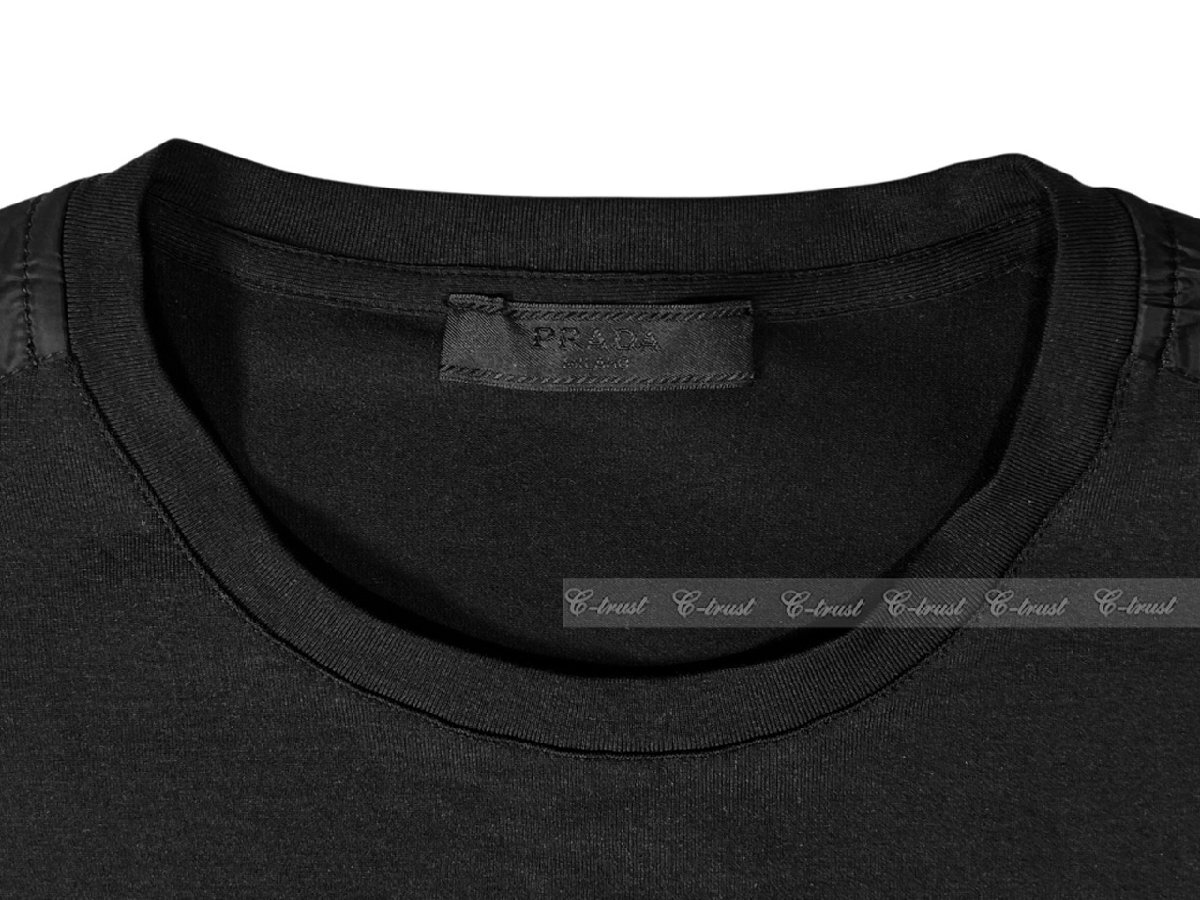 L713-M.. PRADA プラダ Tシャツ トライアングル クルーネック 半袖 コットン ロゴ ★ F0002 ブラック_画像4