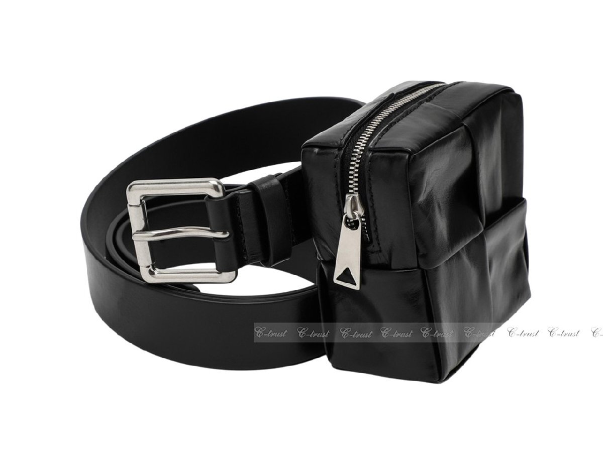 L437-85.. BOTTEGA VENETA ボッテガ ヴェネタ ベルト BELT ポーチ イントレチャート バックル カーフ ロゴ イタリア製 ★ 8803 BLACK_画像4