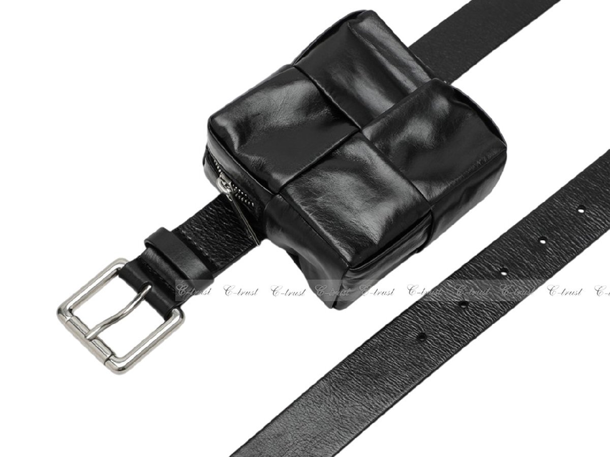 L437-85.. BOTTEGA VENETA ボッテガ ヴェネタ ベルト BELT ポーチ イントレチャート バックル カーフ ロゴ イタリア製 ★ 8803 BLACK_画像2