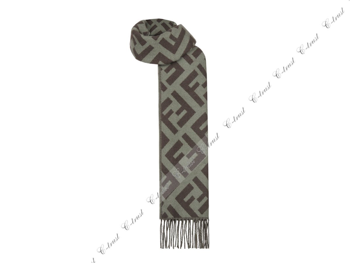 L745.. FENDI フェンディ マフラー スカーフ フリンジ カシミヤ 100% FF ロゴ イタリア製 FXT260A8RSF0QG2 ★ GREEN_画像3
