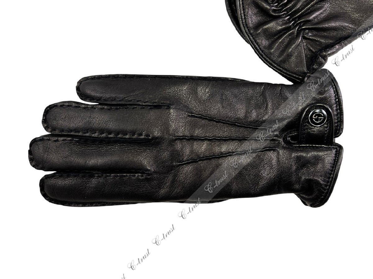 L904-S.. GIORGIO ARMANI ジョルジオ アルマーニ 手袋 グローブ 羊革 ナッパ レザーボタン ロゴ イタリア製 ★ ブラック_画像2