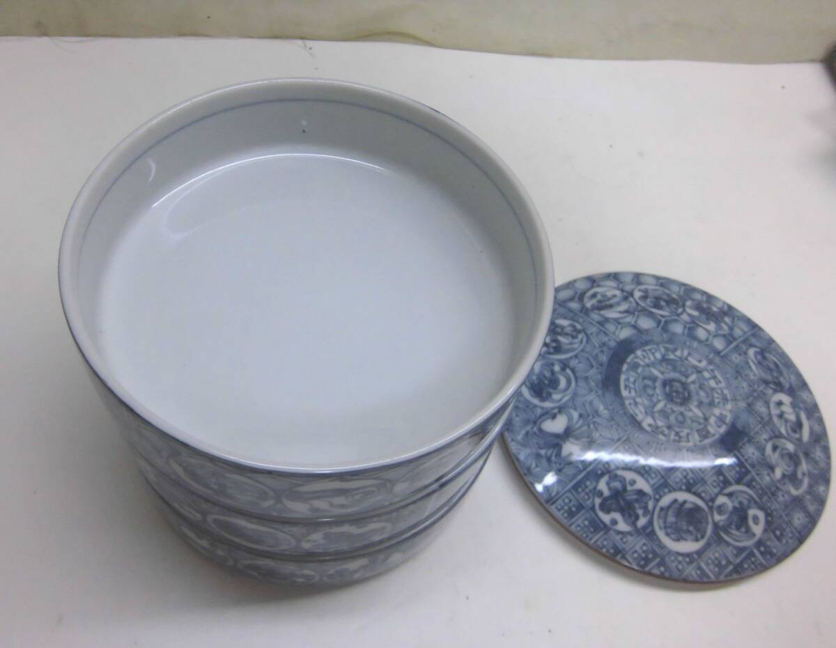 美濃国大吉窯造 重ね鉢 蓋付き 三段 重箱 セット 高さ16cm 直径15cm 保管品_画像3