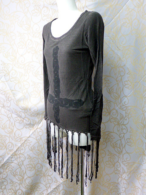 ahno45 イタリア製 MAT&STEP 十字架柄 フリンジ付き長袖カットソー 濃いグレー/S-M・251026_画像2