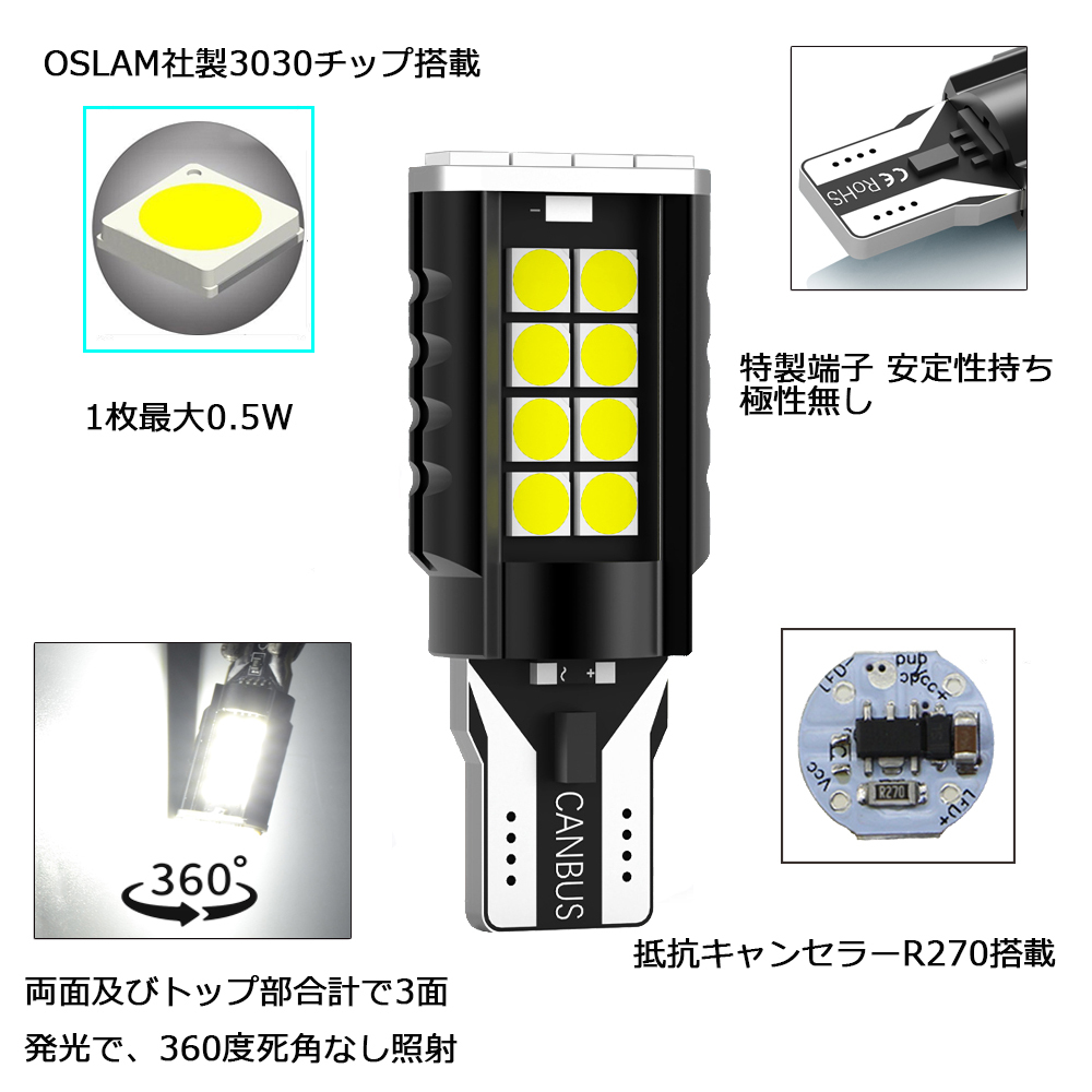 LEDバックランプ T16 DC12V 3000ルーメン 6000K ホワイト 3030チップ 無極性 2本セット 90日保証[M便 0/1]_画像3
