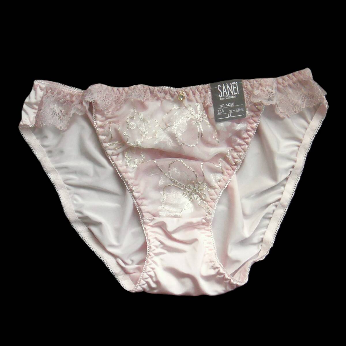SANEI エンブロイダリーフラワー ショーツ LL 蝶々柄のシフォンに華やかなゴールドの花柄刺繍 ジュエルチャーム パンツ ピンク 新品タグ付_画像2