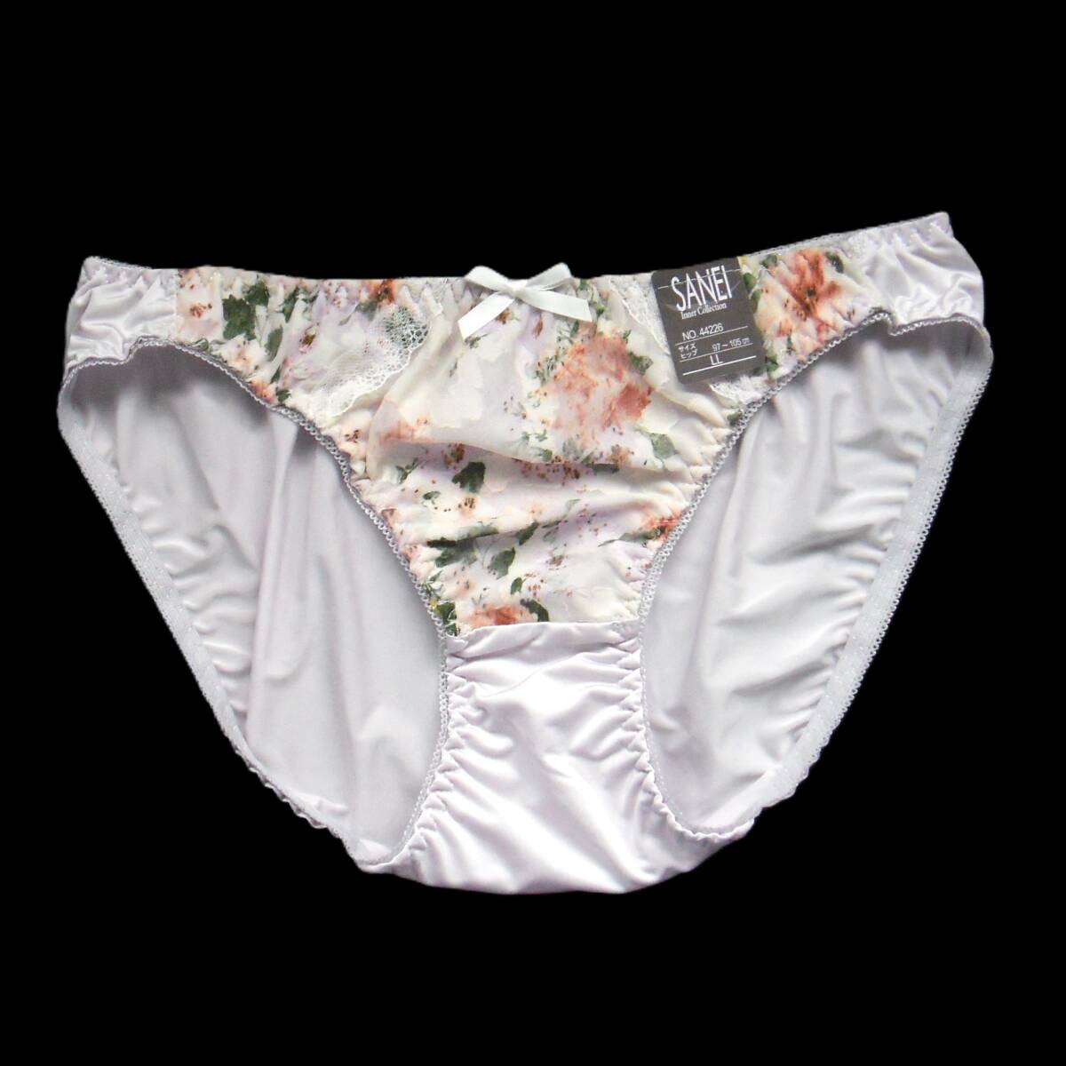 SANEI ガーリーフラワー&シアージャガード ショーツ LL サンエイ 凹凸のある織柄シフォン リボン&切替レース パンツ パープル 新品タグ付_画像2