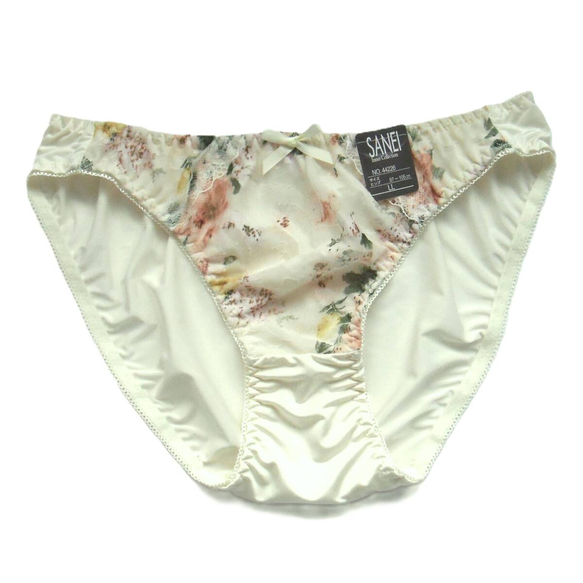 SANEI ガーリーフラワー&シアージャガード ショーツ LL サンエイ 凹凸のある織柄シフォン リボン&切替レース パンツ パープル 新品タグ付_画像5