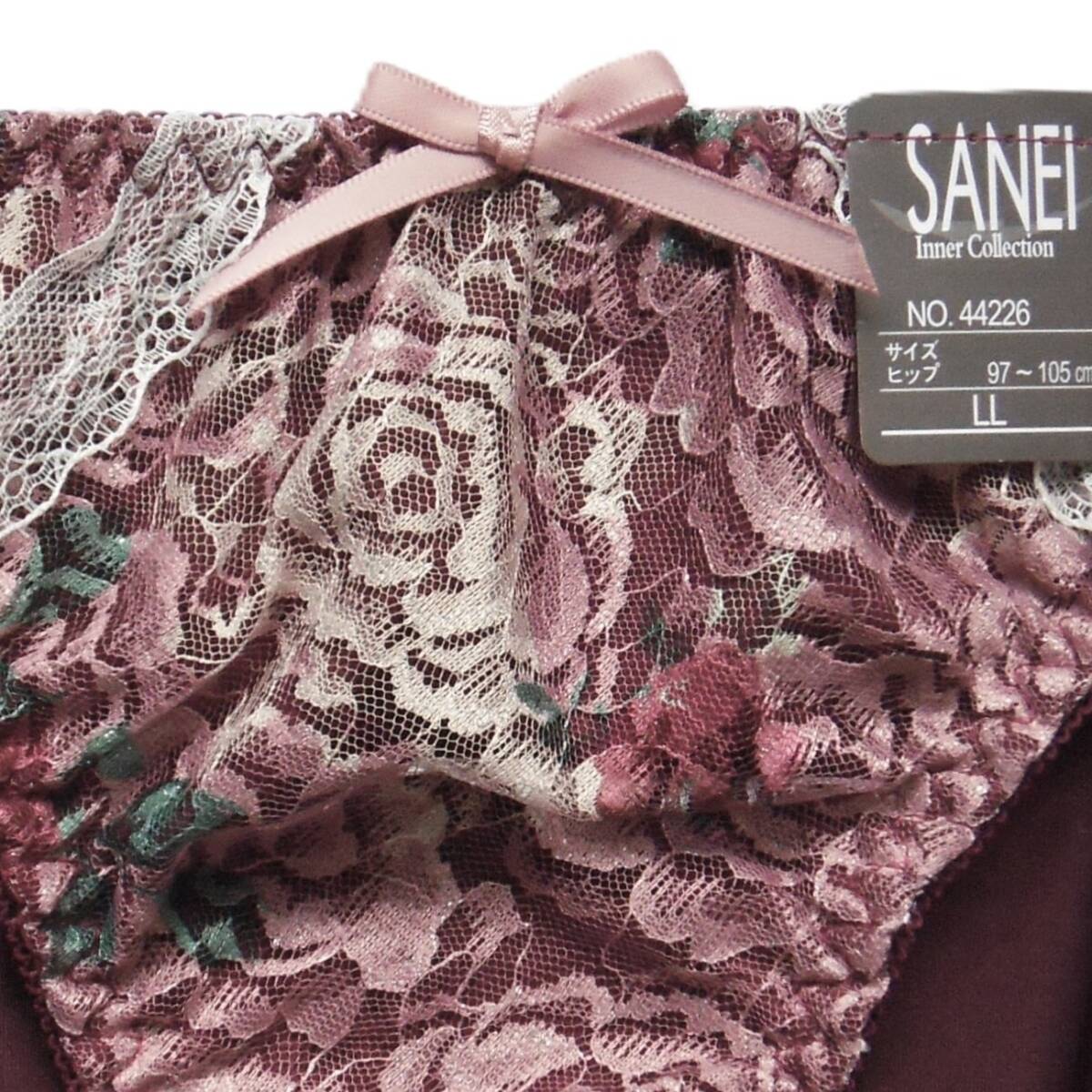 SANEI ラブジェリーローズ&ラッセルレース ショーツ LL ラメの煌めきが優美&贅沢レース リボン&切替レース パンツ バーガンディ 新品タグ付_画像4