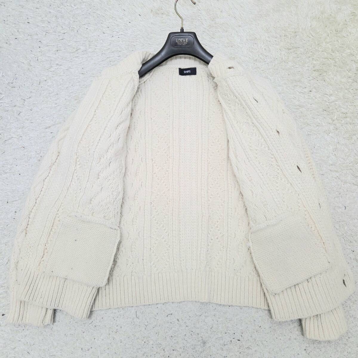 シップス【大人の着方】SHIPS カーディガン 立体3Dニット 羽織 アウター ウール ケーブル編み 厚手 ウッドボタン オフホワイト S_画像5