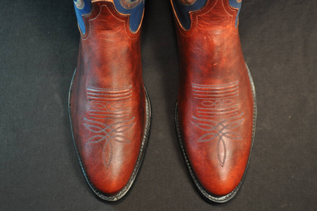新品　デッドストック　廃盤　トニーラマ　ウエスタンブーツ　茶アンティーク仕上げ牛革/青　9D　_画像2