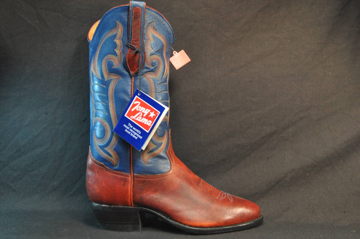 新品　デッドストック　廃盤　トニーラマ　ウエスタンブーツ　茶アンティーク仕上げ牛革/青　9D　_画像3