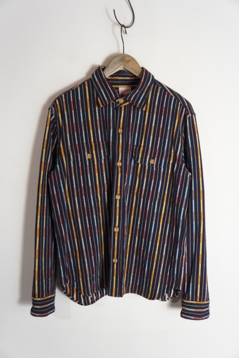 希少 美品 TENDERLOIN テンダーロイン T-NATIVE SHIRT 長袖 ネイティブ シャツ アーカイブ サイズS 紺ストライプ 1026P_画像1
