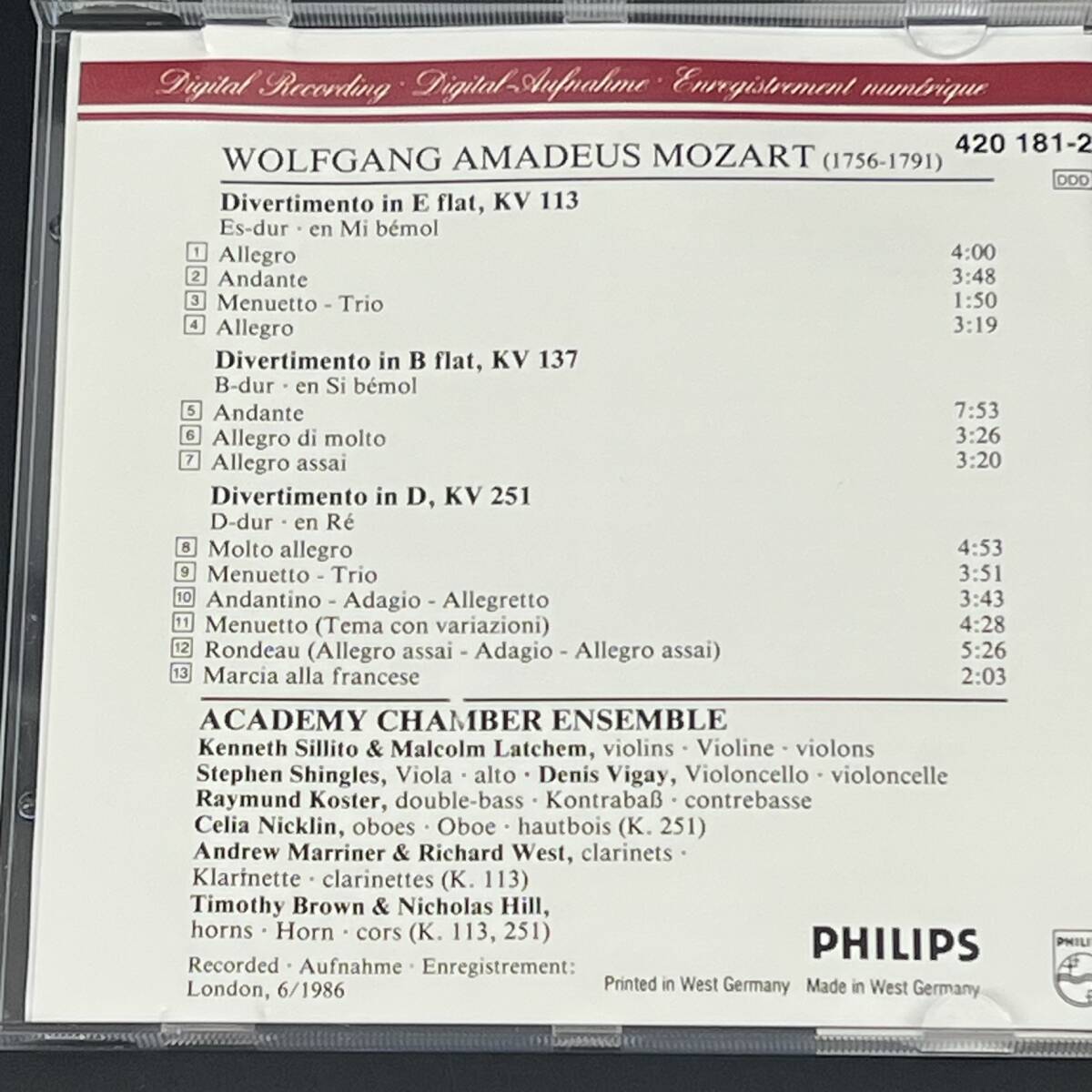 モーツァルト / ディベルティメント K113 K137 K251 / アカデミー室内アンサンブル / PHILIPS クラシック CD アルバム 帯 32CD617_画像7