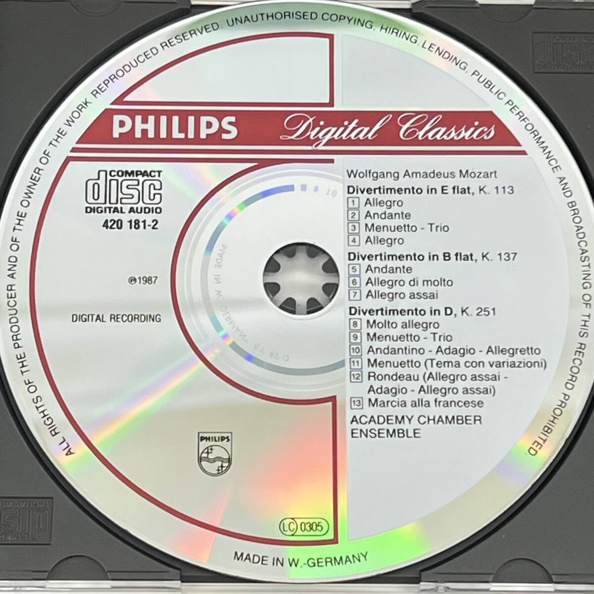 モーツァルト / ディベルティメント K113 K137 K251 / アカデミー室内アンサンブル / PHILIPS クラシック CD アルバム 帯 32CD617_画像5