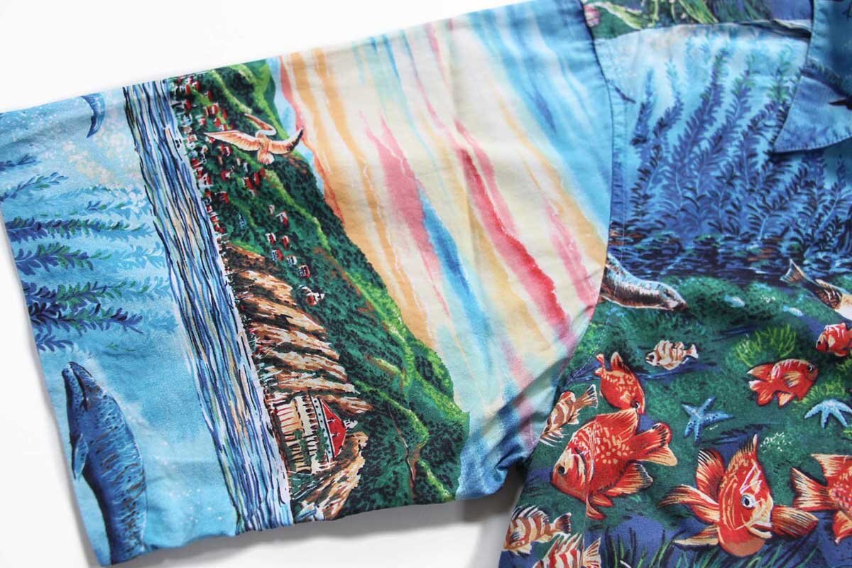 ★90s ハワイ製 ROBERT LYN NELSON COLLECTION by REYN SPOONER レインスプーナー 風景 アート コットン アロハシャツ M★ビンテージ_画像6