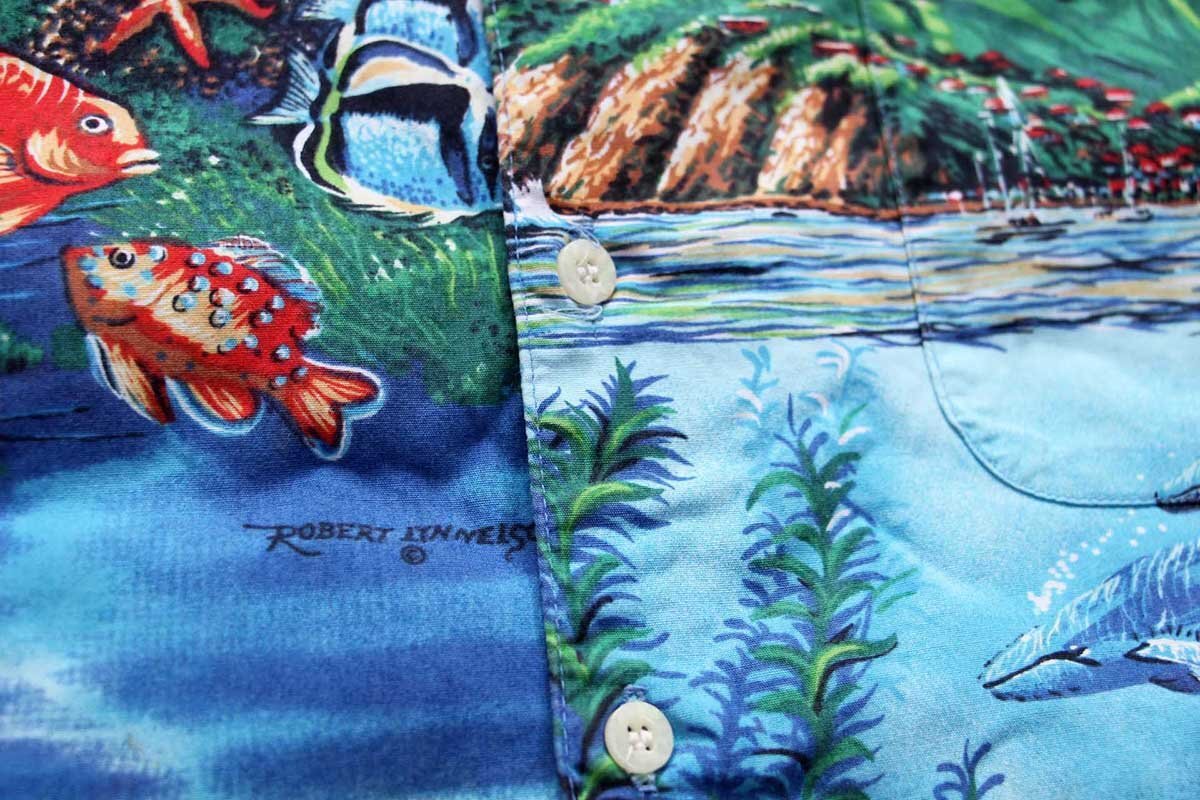 ★90s ハワイ製 ROBERT LYN NELSON COLLECTION by REYN SPOONER レインスプーナー 風景 アート コットン アロハシャツ M★ビンテージ_画像5
