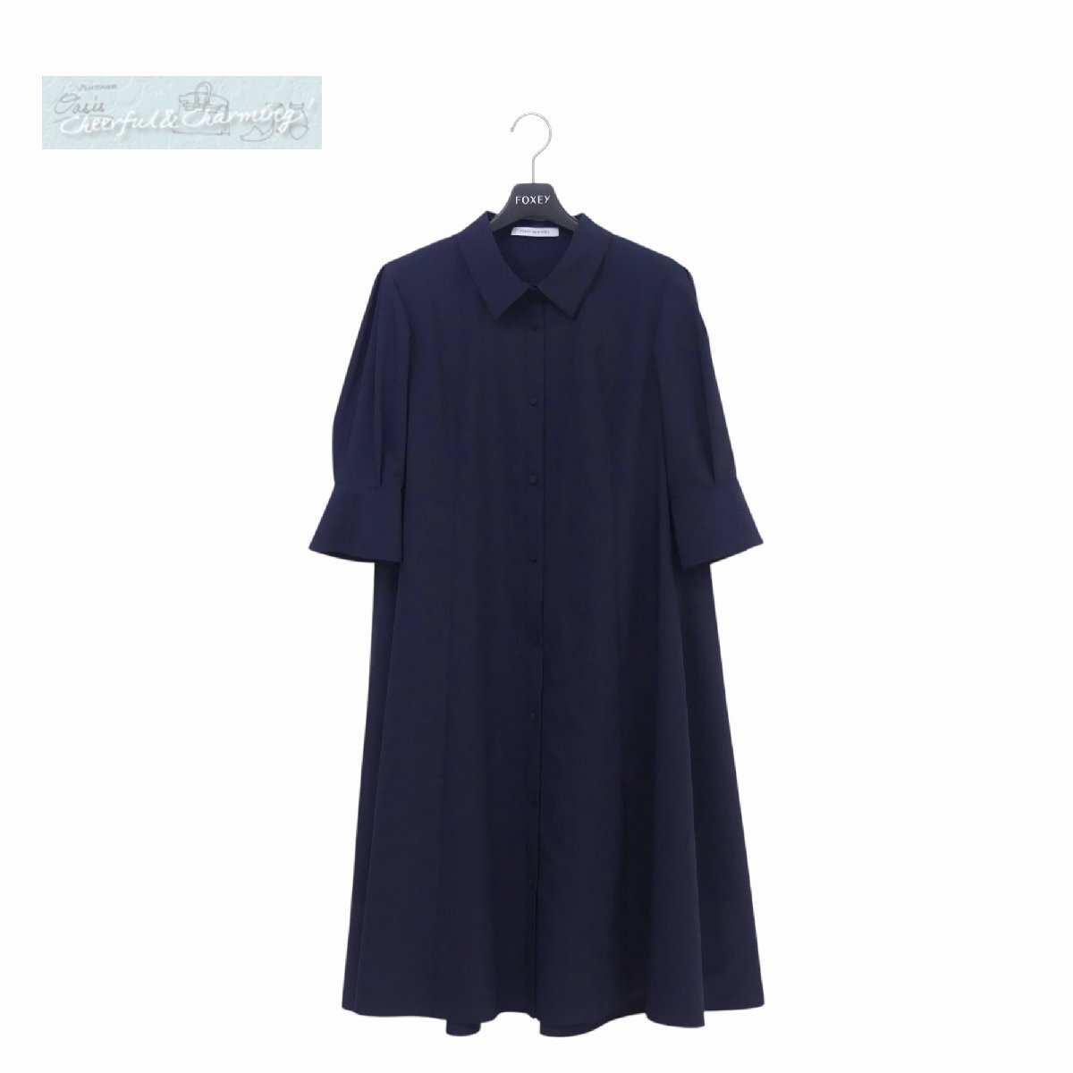 Sランク FOXEY NEWYORK ドレス ワンピース アエリエヌ 38 ネイビー 洗えるシャツ生地 F刺繍 RELAXフィット ブーツにも◎ '25年商品 44667