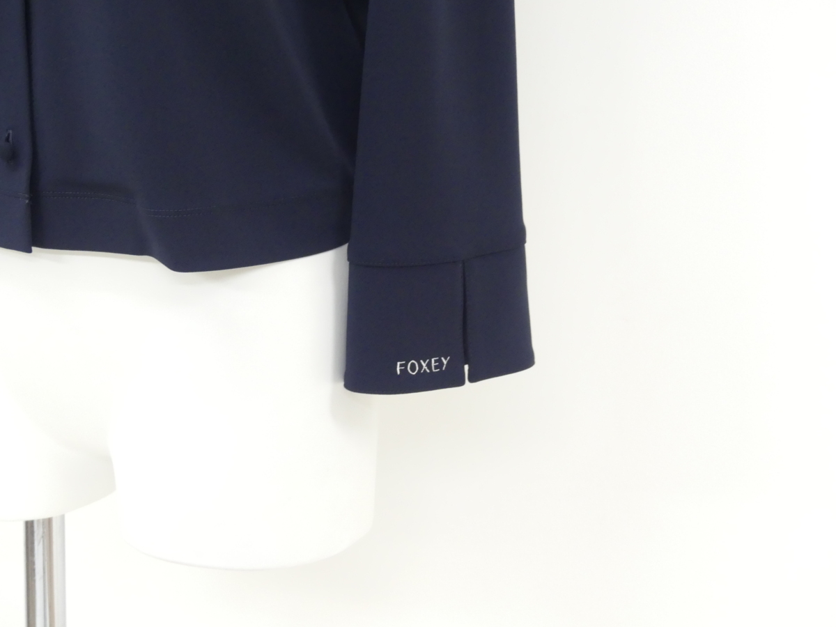 FOXEY NEWYORK レディボウジャケット 38 ミッドナイトブルー マットストレッチジャージ#袖口ロゴ刺繍#リボン '21年 41392_画像4