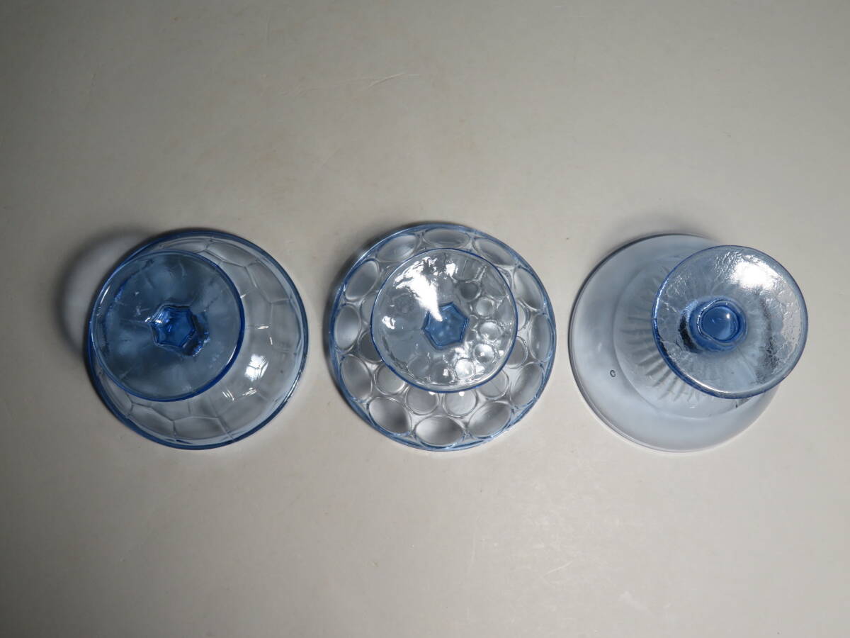 1円スタート~ 明治~大正レトロ 青 氷コップ/アイスカップ 3客 気泡/手吹きガラス 色硝子ガラス ウランガラス アンティーク102315_画像3