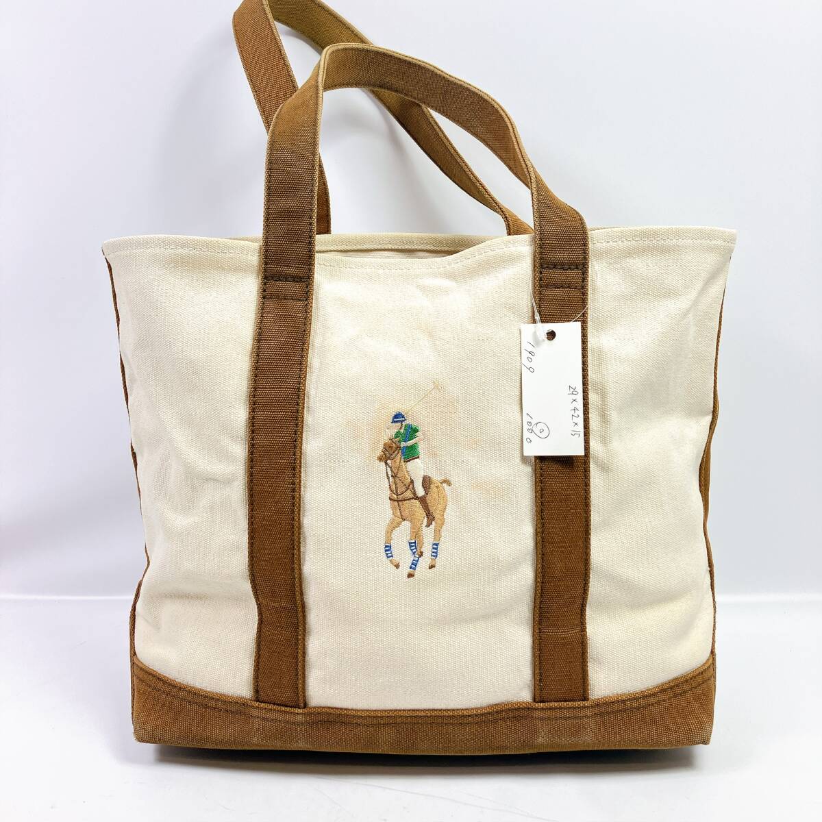 D1909◯ RALPH LAUREN ラルフローレン トートバッグ ハンドバッグ キャンバス ホワイト ブラウン 白 茶色 ユニセックス ポケット_画像1