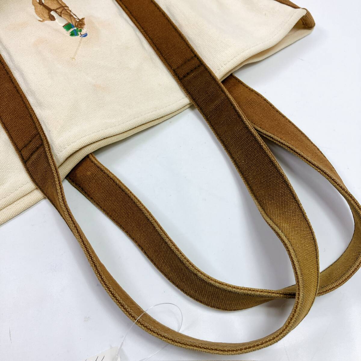 D1909◯ RALPH LAUREN ラルフローレン トートバッグ ハンドバッグ キャンバス ホワイト ブラウン 白 茶色 ユニセックス ポケット_画像10