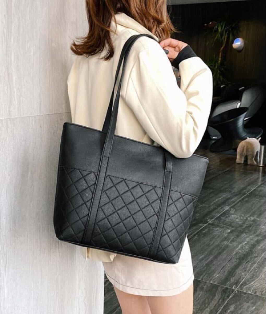 トートバッグ ショルダーバッグ レディース レザー A4サイズ 格子柄 ブラック_画像3