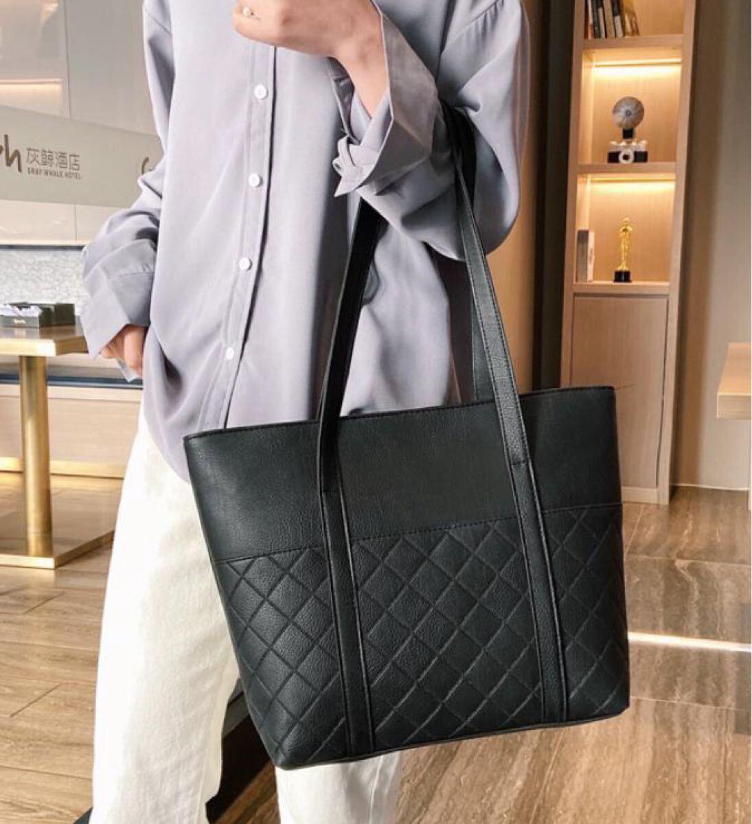 トートバッグ ショルダーバッグ レディース レザー A4サイズ 格子柄 ブラック_画像5